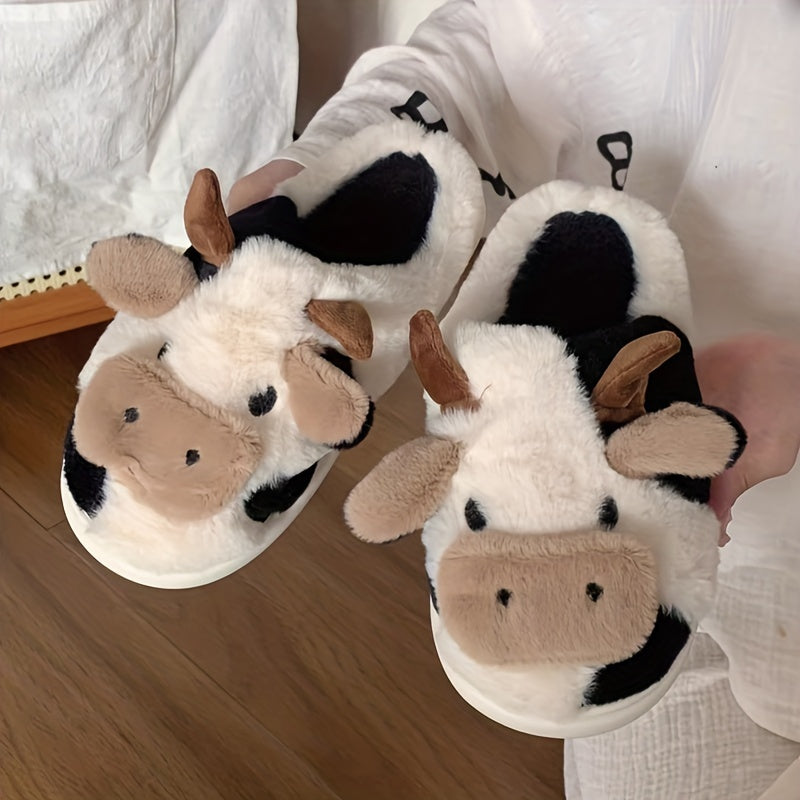 Cute Milk Cow Slippers | Women and Men Fuzzy Slippers, 2022 Winter Plush Platform Slides, Indoor Kawaii Shoes, Cartoon Style, Fabric Upper and Insole, TPU Sole