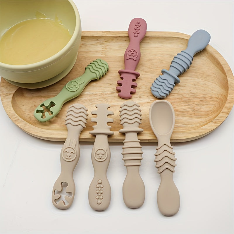 4pcs Baby Silicone Chewing Spoon Set, Food Grade Silicone Spoon And Fork Set, Silicone Spoon, Silicone Cutlery Training, Soft Feeding Cutlery