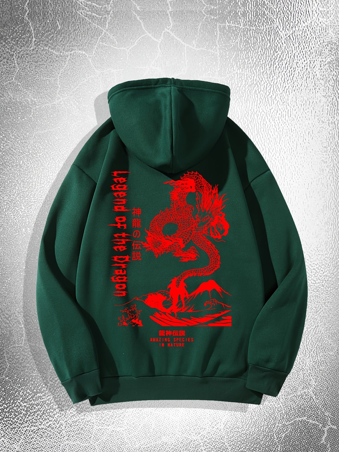 [Dragon Print Hoodie] White Polyester Dragon Print Hoodie - Casual & Trendy, Long Sleeves, Drawstring Hood - Streetwear Style