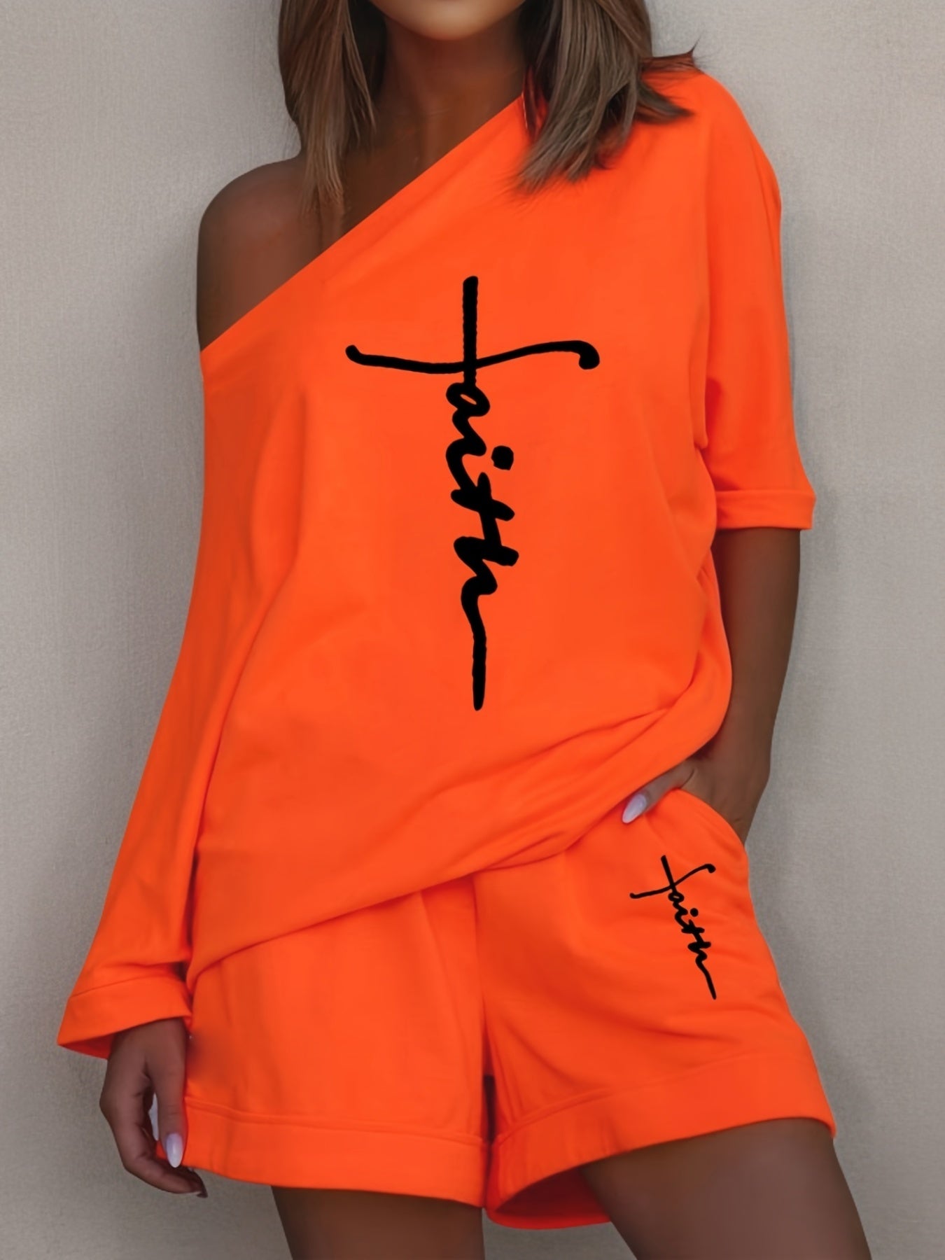 Chic Faith Printed Women's 2-Piece Set – Off-Shoulder Tee & Comfy Drawstring Shorts for Casual Wear