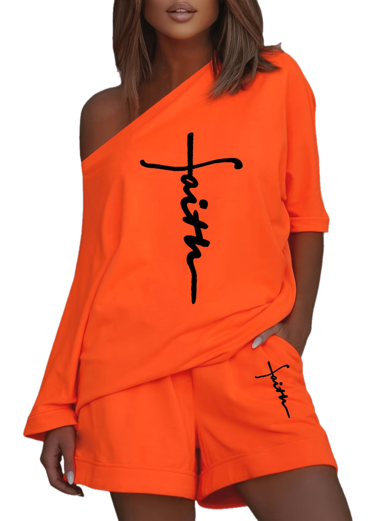 Chic Faith Printed Women's 2-Piece Set – Off-Shoulder Tee & Comfy Drawstring Shorts for Casual Wear