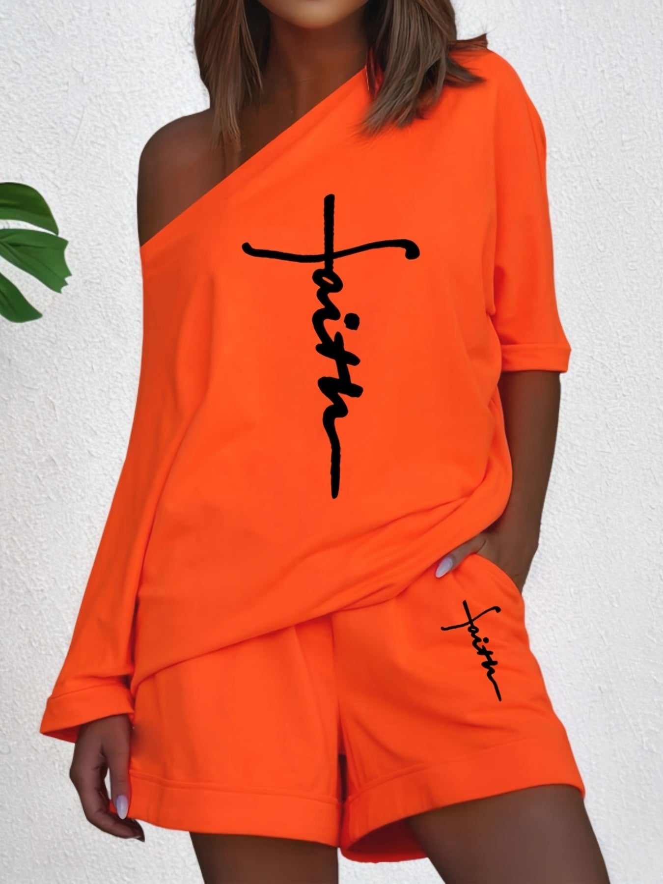 Chic Faith Printed Women's 2-Piece Set – Off-Shoulder Tee & Comfy Drawstring Shorts for Casual Wear
