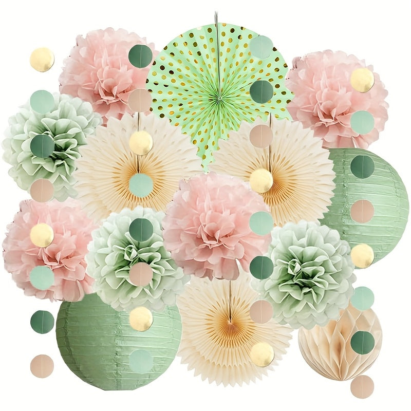 14pcs-Sage Green Paper Fan Lantern Set Bean Green Paper Flower Round Pieces String Wedding Party Decoration Supplies