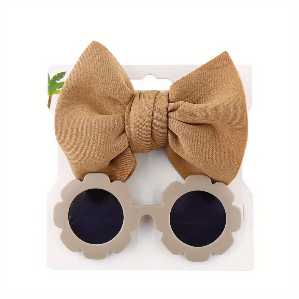 Cute Outdoor Beach Baby Girl Gift Set - 2 Pieces Butterfly Tie Hair Band & Round Flower Fashion Glasses!