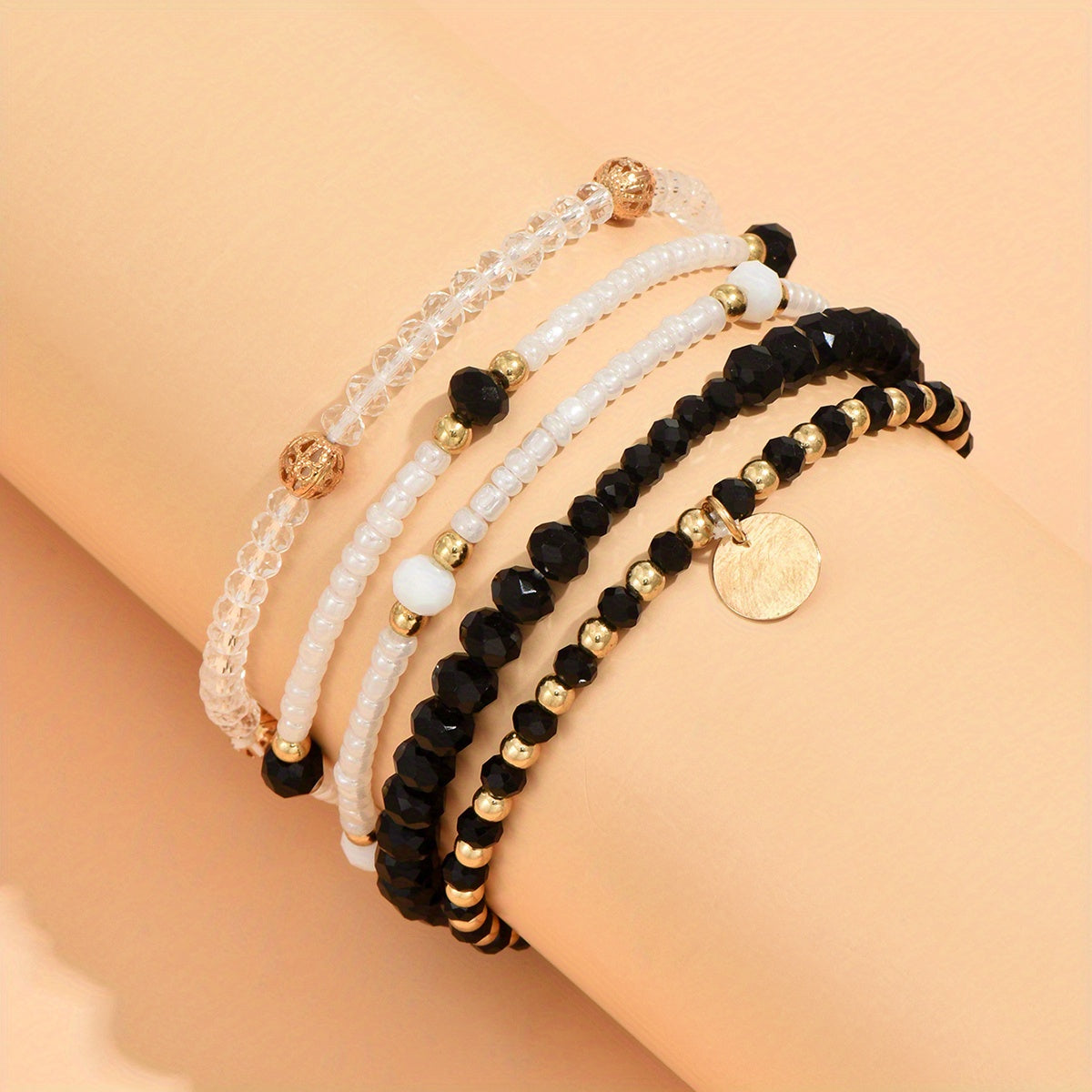 Set of Five Minimalist Round Pendant Bead Bracelets
