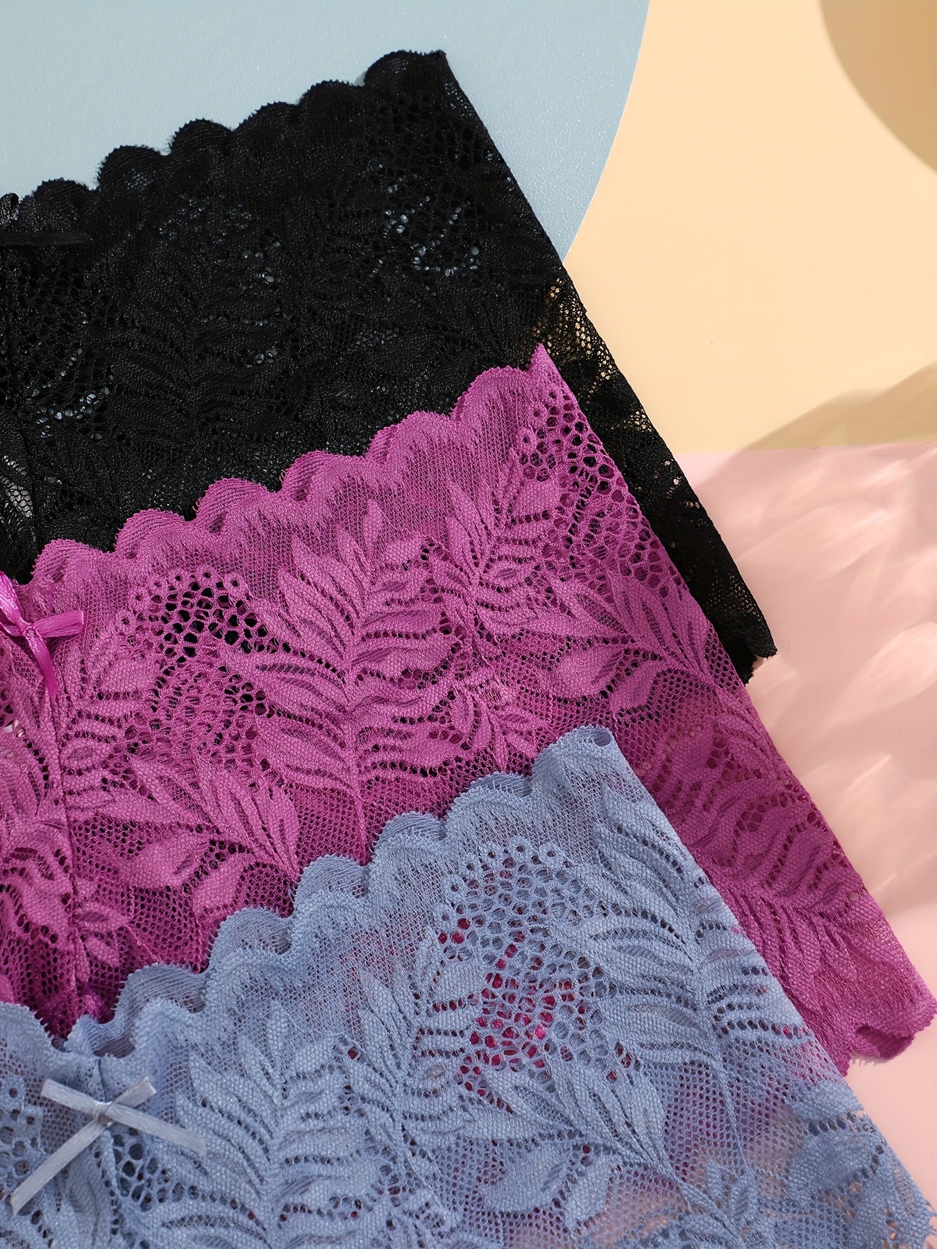 3pcs FINETOO Women's Sexy Low-Rise Lace Boyshort Panties - Breathable, Stretchy Nylon Blend with Floral Pattern, Scalloped Trim in Black, White, & Pinkish-Beige