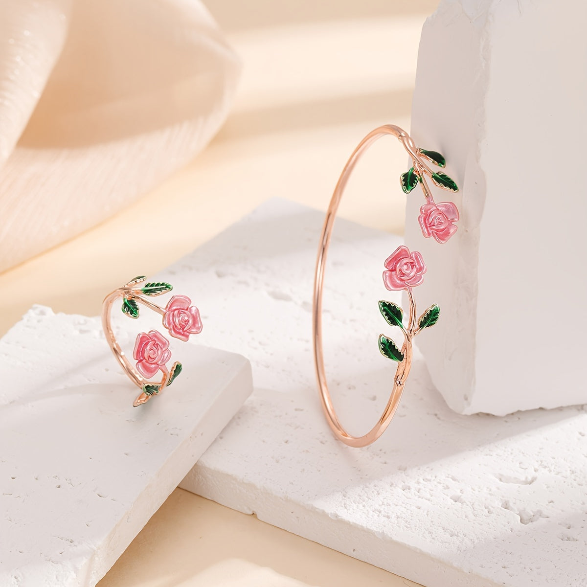 Elegant Rose Flower Design Bangle Ring Set Women's Floral Design Jewelry Gift Accessories
