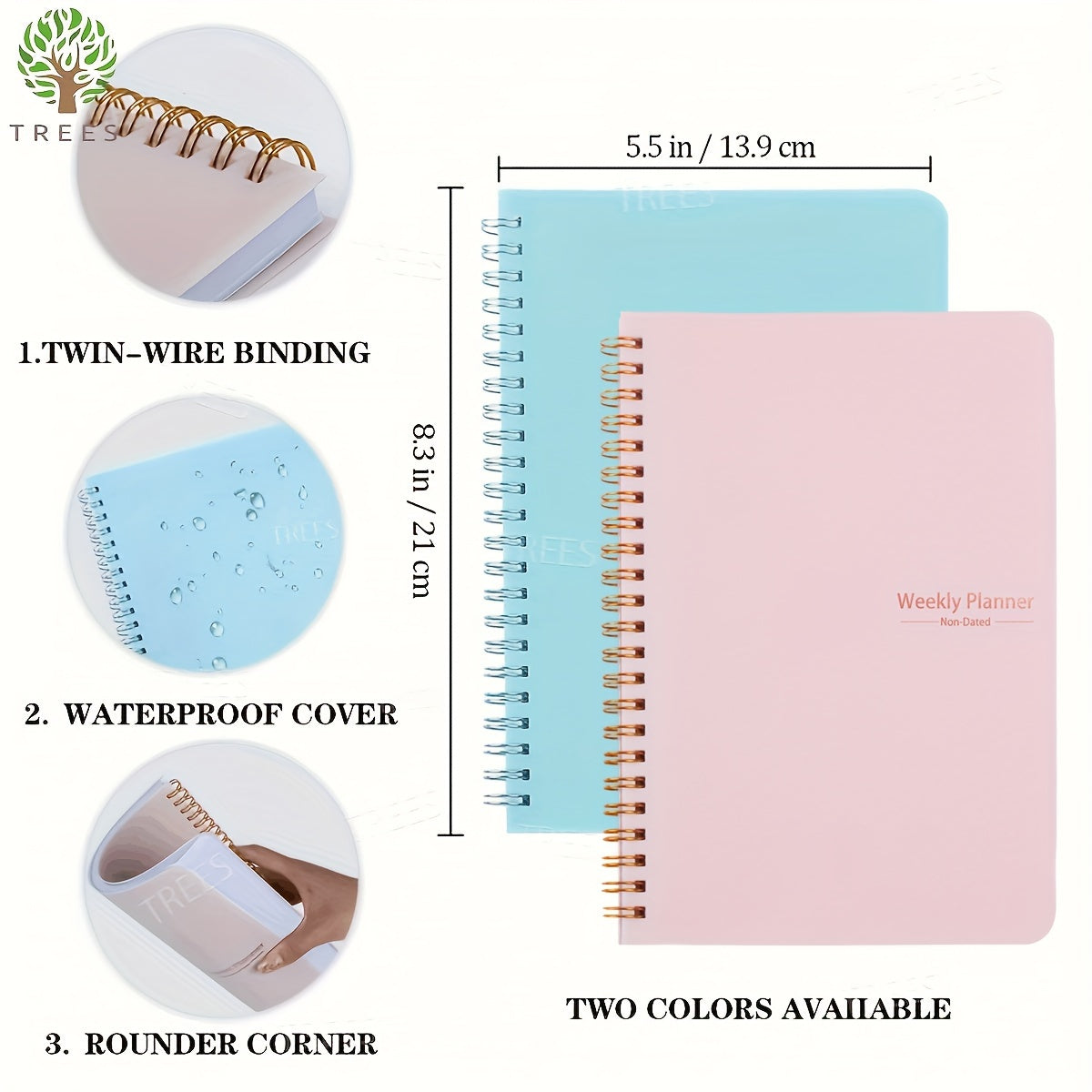 1pc Trees Undated A5 Daily Weekly Notebook Planner | Spiral Bound, 52 Sheets, 21.08*13.97 cm, Pvc Cover, English Language, Ideal For Office And School Use
