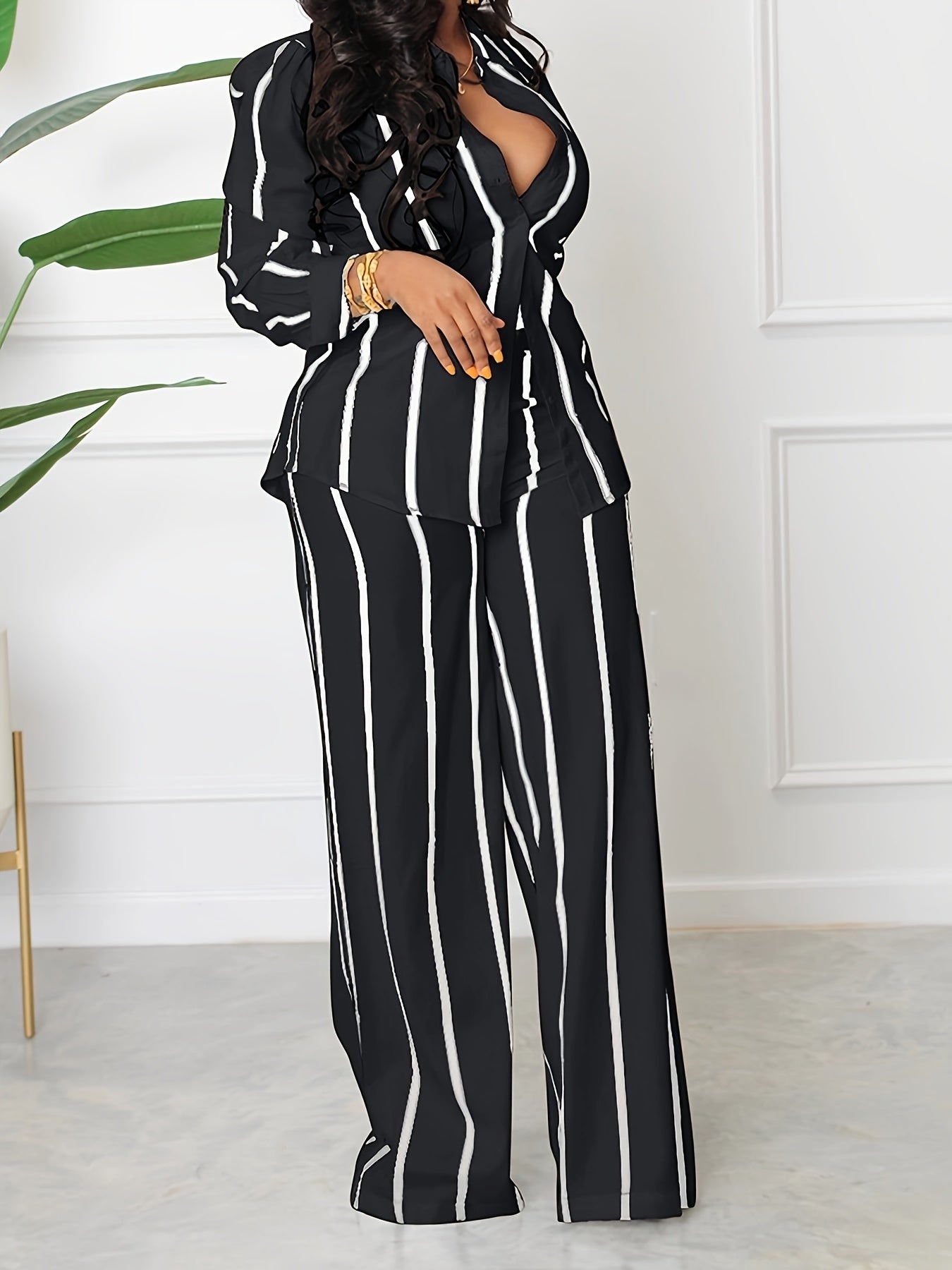 Striped Print Two-piece Set, Button Front Collar Long Sleeve Shirt & High Waist Wide Leg Loose Pants Set, Women's Clothing