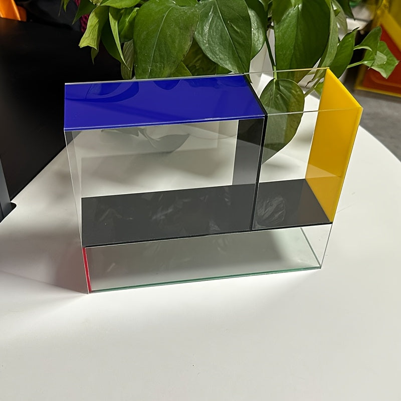 1pc, Mondrian Modern Acrylic Vase with Transparent, Red, Yellow And Blue Panels - Modern Art Decoration Suitable for Home Decor, Room Deco