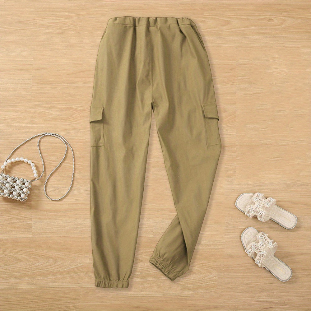 Y2K Chic Drawstring Cargo Pants - Stretchy Elastic Waist, Long Length, Multiple Pockets, Casual Comfortable Women's Clothing for Everyday Wear
