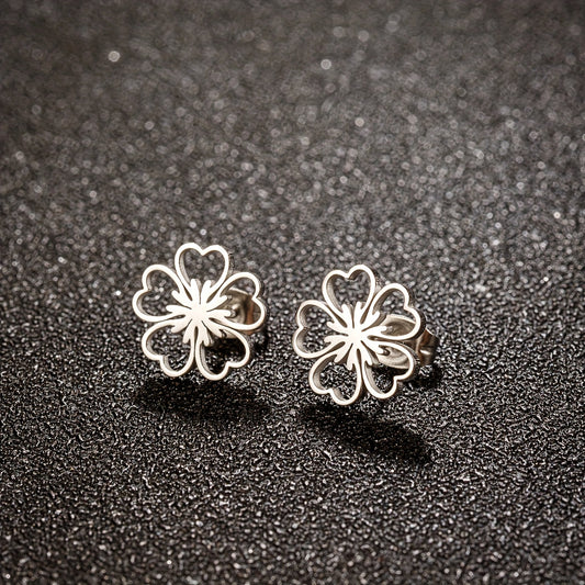 1 Pair Plum Blossom Stainless Steel Stud Earrings, Lucky Flower Earrings Jewelry Birthday Gift For Men Women