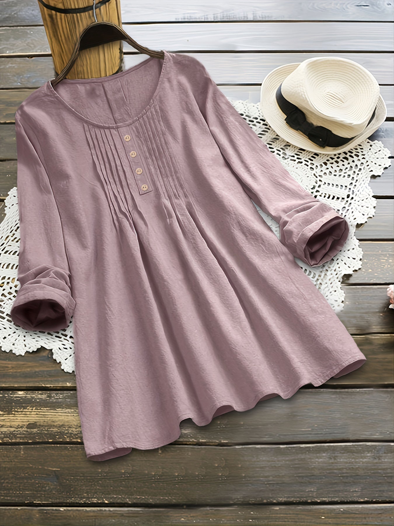 Plus Size - Plus Size Women'S Long Sleeve Loose Fit Round Neck Blouse - Light Green Pleated Casual Shirt with Button Details, Non-Stretch Fabric, Perfect for Spring/Fall, Ladies Blouses