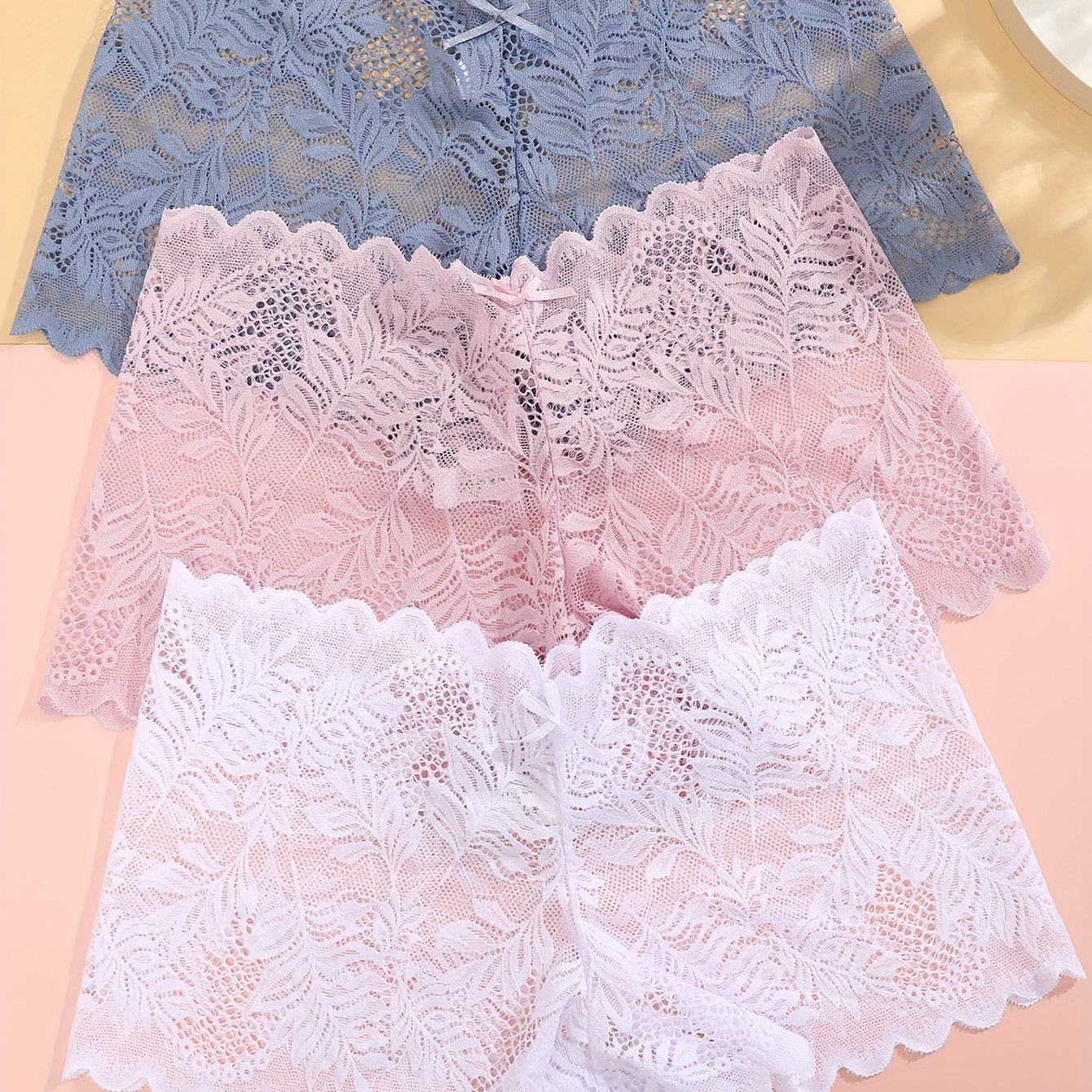 3pcs FINETOO Women's Sexy Low-Rise Lace Boyshort Panties - Breathable, Stretchy Nylon Blend with Floral Pattern, Scalloped Trim in Black, White, & Pinkish-Beige