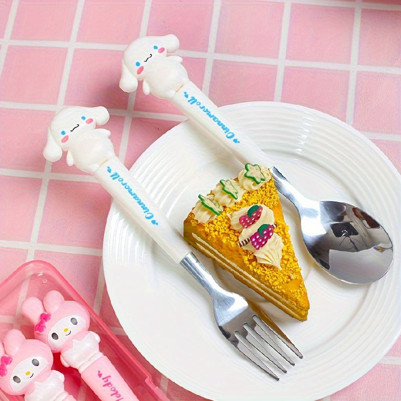 Sanrio Cute Cartoon 2pcs Tableware Suit-Stainless Steel Portable Travel Fork and Spoon with Cute Character Handle, Outdoor Eating Essentials, Onthego Dining, Fun Utensils, Stylish Cutlery, Polished Finish, Highquality Steel,