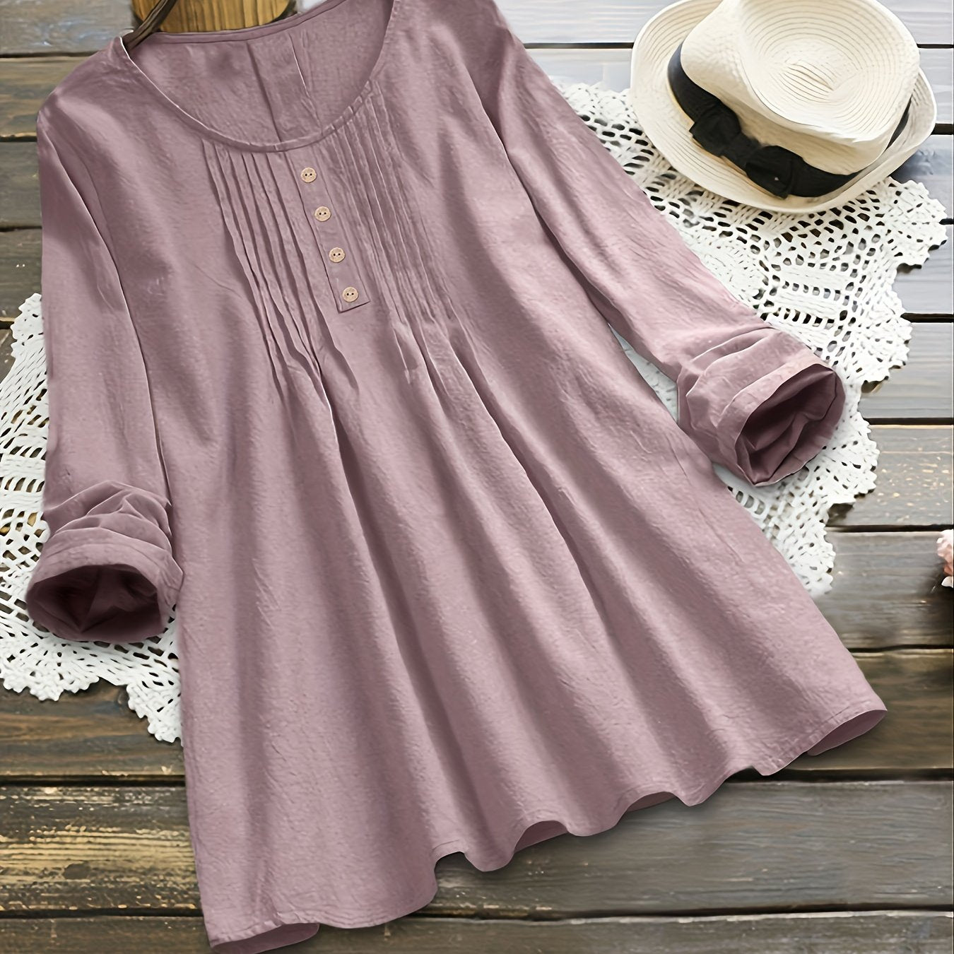 Plus Size - Plus Size Women'S Long Sleeve Loose Fit Round Neck Blouse - Light Green Pleated Casual Shirt with Button Details, Non-Stretch Fabric, Perfect for Spring/Fall, Ladies Blouses