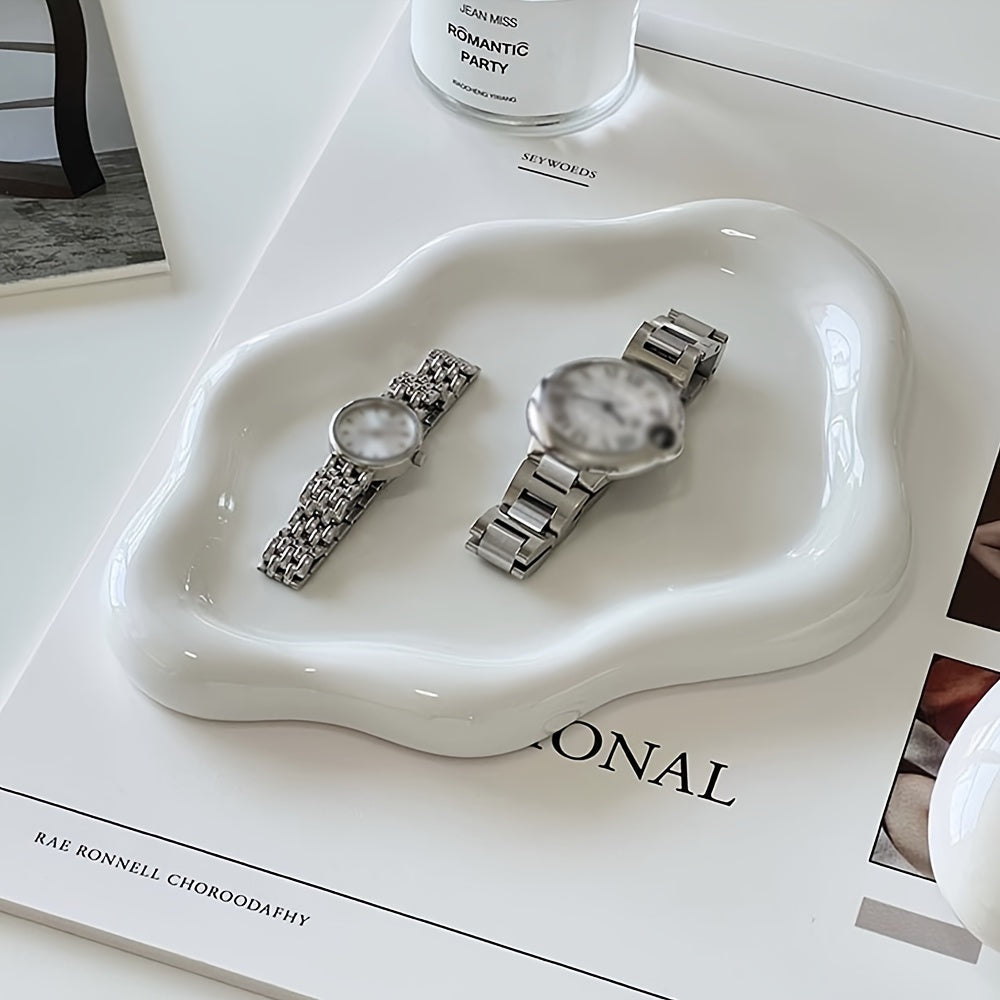 1pc Cloud Ceramic Tray - Sleek Single-Layer Design with Exquisite Light Luxury Finish, Spacious Jewelry Storage, Elegant Perfume Display, and Convenient Key Storage - Perfect for Home, Living Room, or Office Decor, Ideal Gift