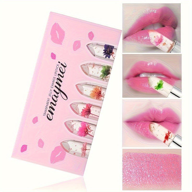 6-Piece Set of emaymei Vibrant Transparent Jelly Change Lipsticks - Featuring Crystal Golden Foil, Delicate Flower Petals, Shimmering Pink Hues, and Long-Lasting Moisturizing Formula for a Perfect Pout