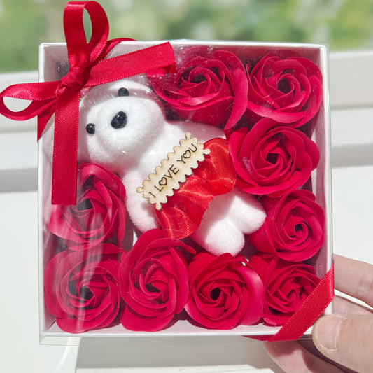 Soap flowers with bear gift box