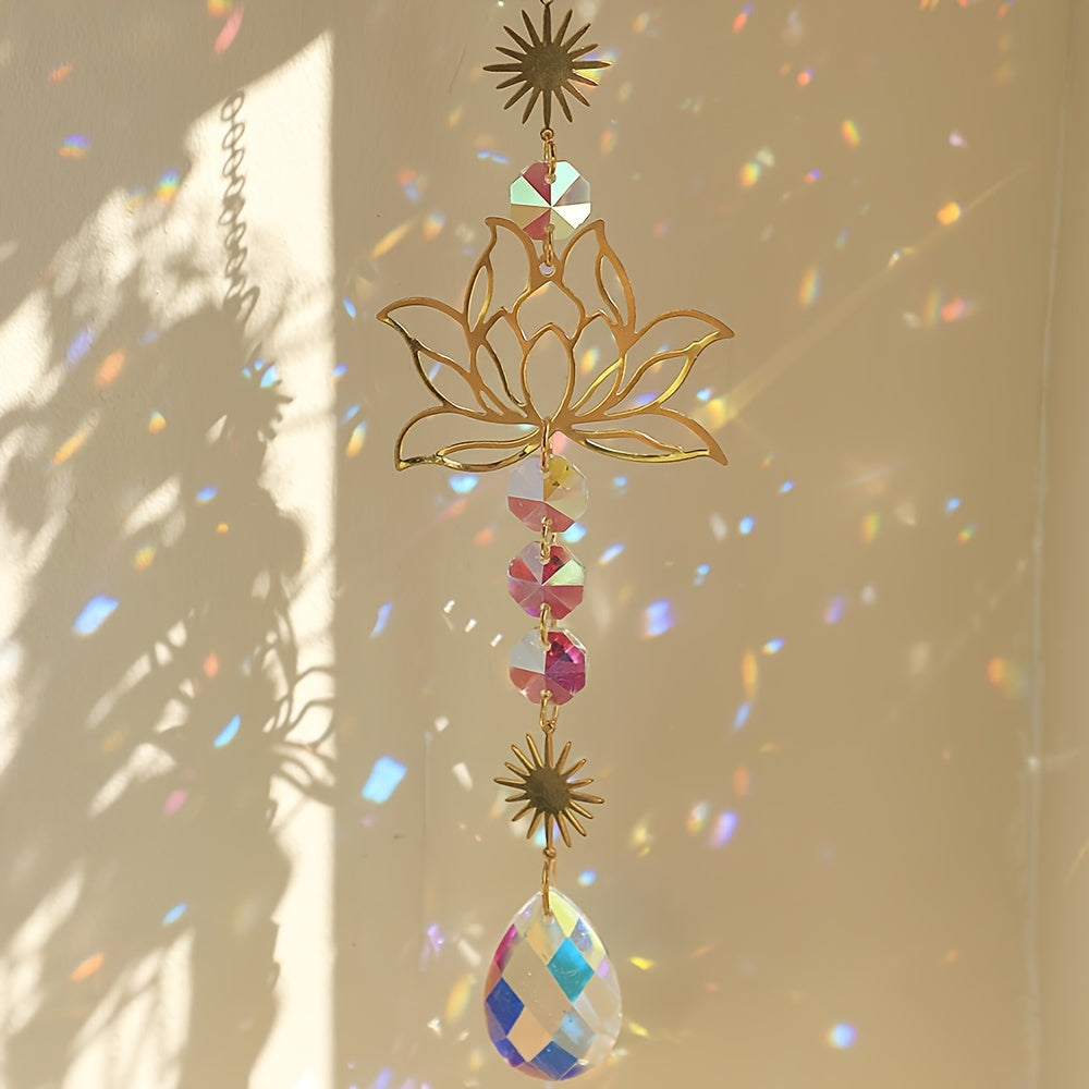 1pc Exquisite Lotus Flower Crystal Glass Suncatcher with Prism Beads, Celestial Accents, and Dazzling Refractions for Beautiful Window Decor and Sunlight Reflection
