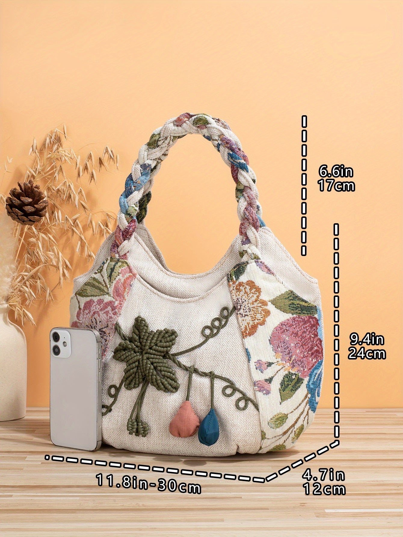 Foldable Zipper Closure Bohemian Style Handmade Flower Tote Bag - Fixed Shoulder Strap, with Wristlet, for Vacation