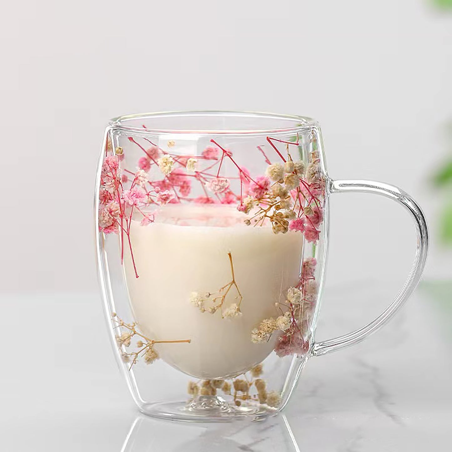 1pc Elegant Double-Walled Glass Coffee Mug with Dried Flower Detail - Thermal Insulated Drinkware for All Seasons - Ideal Birthday Present