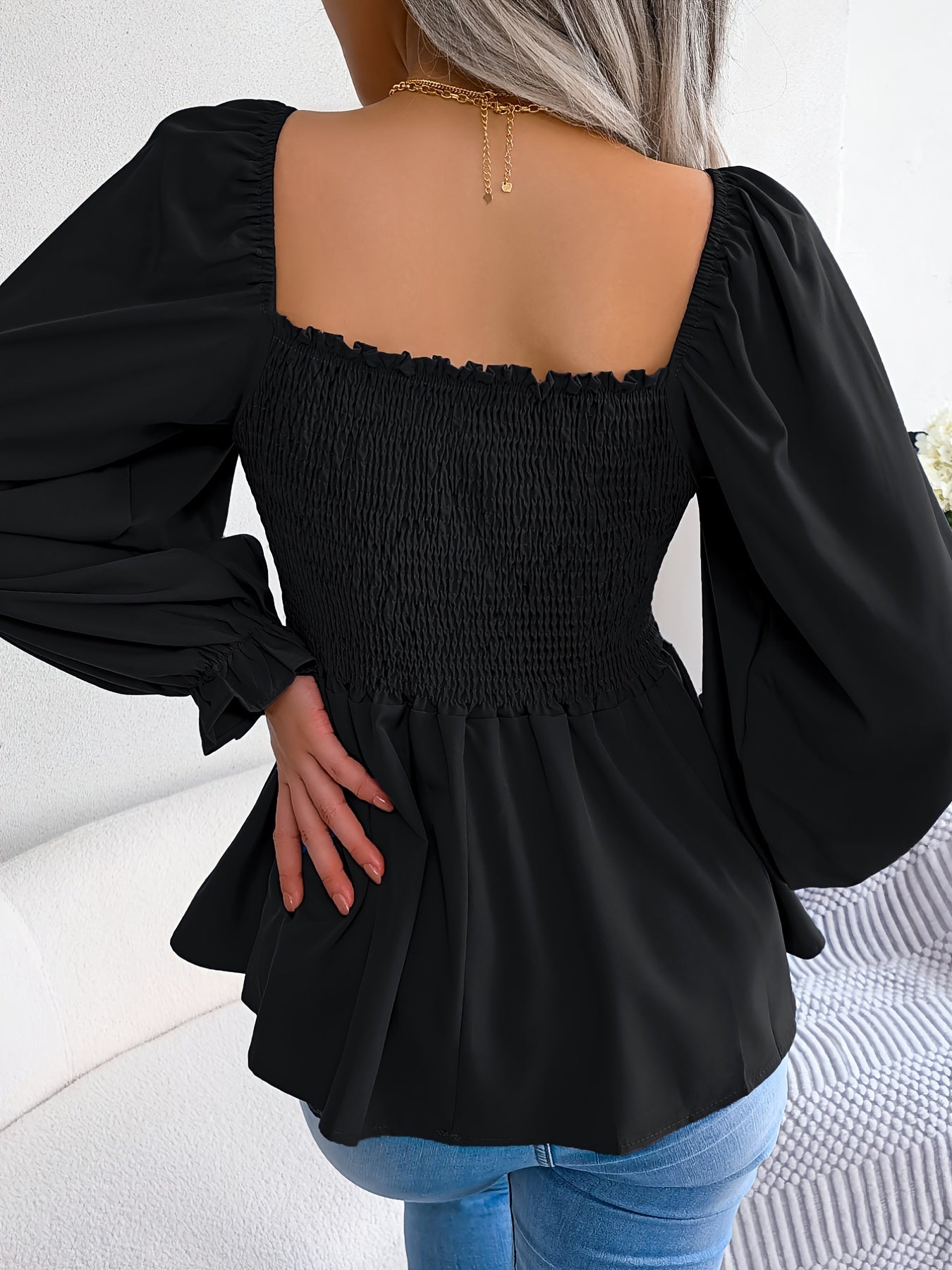 Shirred Lantern Sleeve Shirt, Casual Squared Neck Pleated Ruffle Trim Solid Shirt, Women's Clothing Wedding holiday vacation