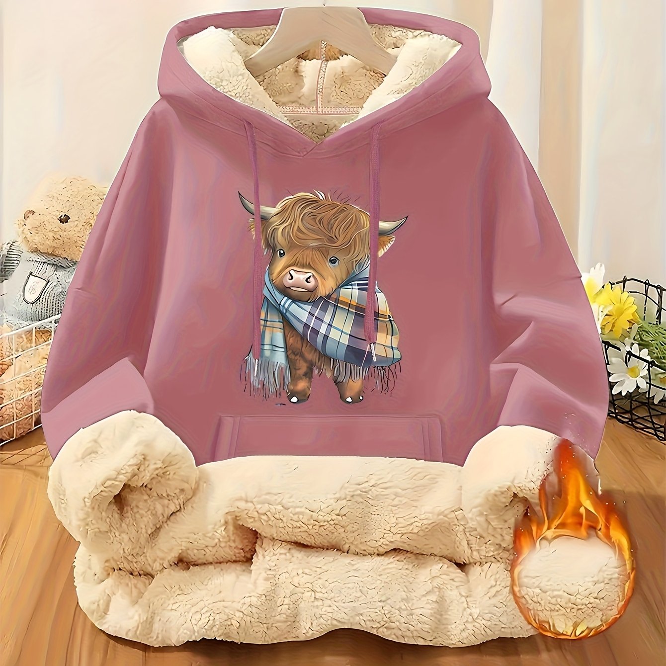 Women's Highland Cow Print Fleece Hooded Sweater - Thickened Winter Warmth, Cozy Plush Lining, Casual Retro Pullover with Pocket, Pink Scottish Cow Design, Sizes XS-XXL (Machine Washable) for Spring, Fall & Winter Layering