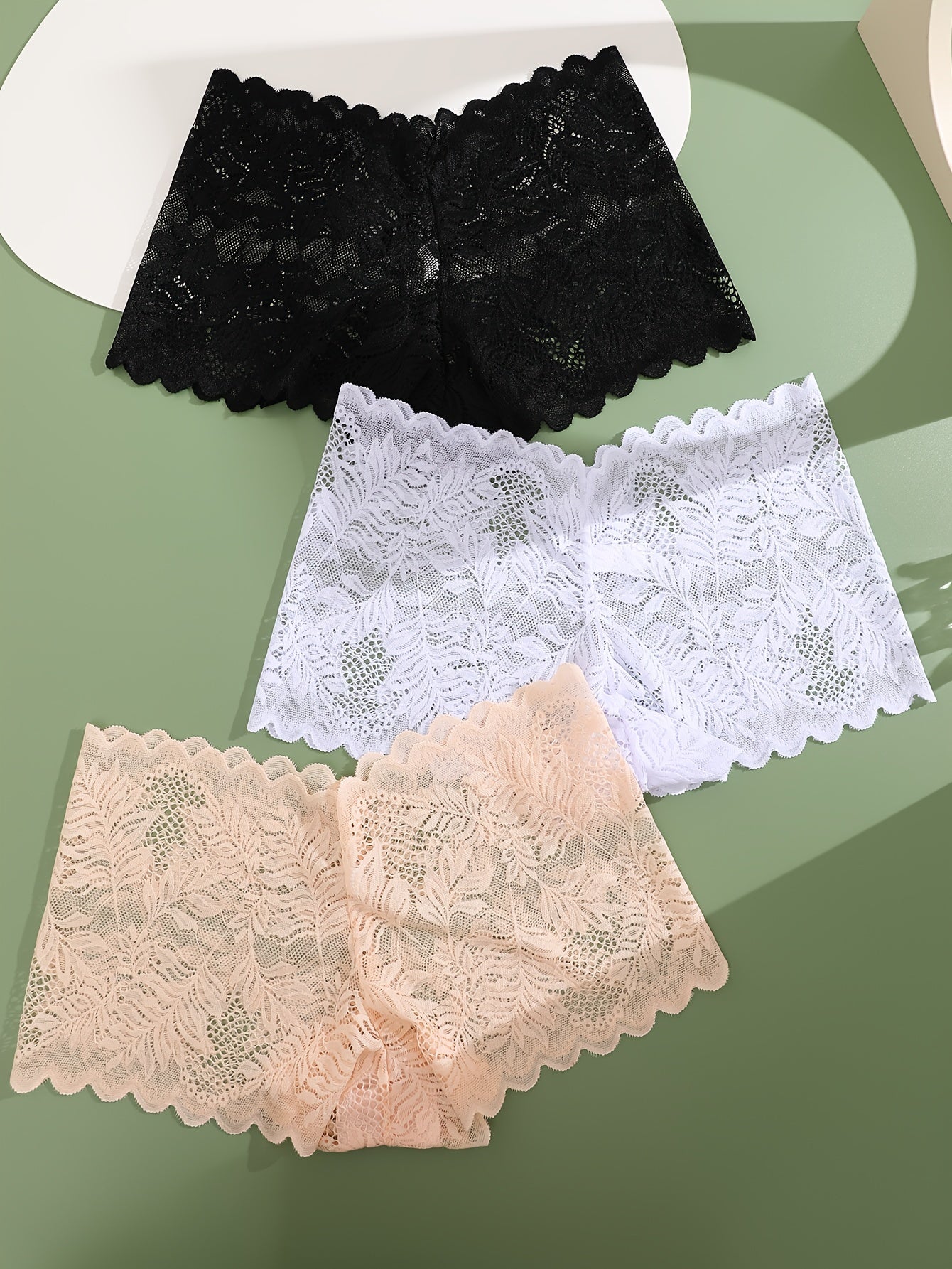 3pcs FINETOO Women's Sexy Low-Rise Lace Boyshort Panties - Breathable, Stretchy Nylon Blend with Floral Pattern, Scalloped Trim in Black, White, & Pinkish-Beige