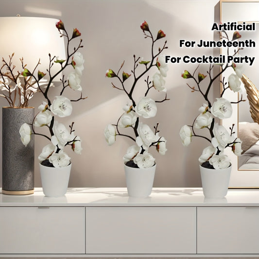 3pcs Elegant Artificial Plum Blossom Set with Vase - Faux Greenery, Simulated Potted Plant, Home Decor and Tabletop Filler, Perfect for Weddings, Festivals, Valentine's Day, Office, DIY Decorations, All-Season Artificial