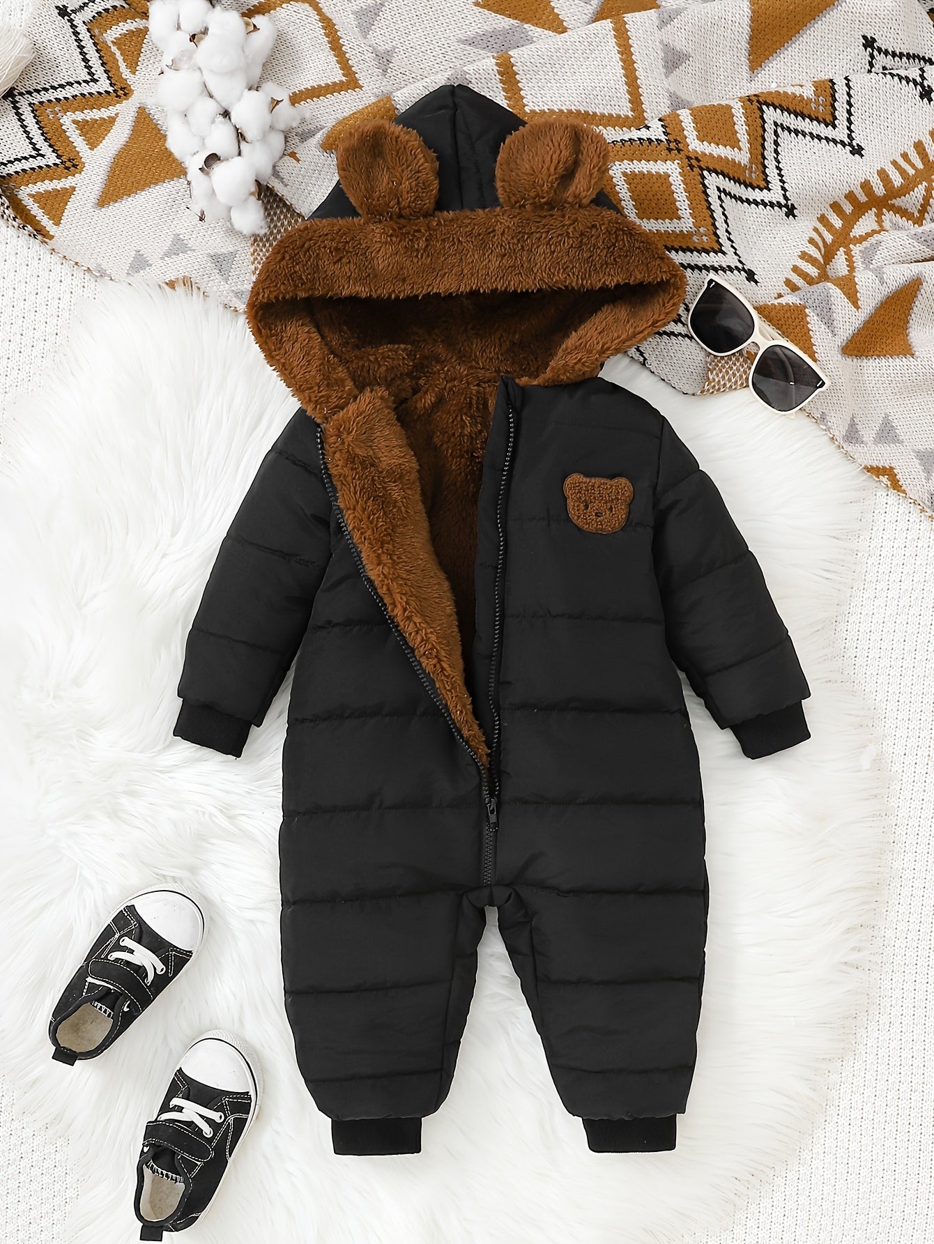 Baby Boy Winter Jumpsuit, Soft Plush Onesie with Hood, Warm Outfit Easy Diaper Change Loose Fit, Newborn Clothing for Infant & Toddler, Perfect for Cold Weather Outdoor & Photoshoots