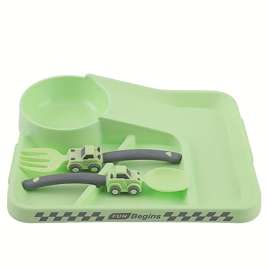 Children's Tableware Cartoon Racing Dinner Plate + Fork Spoon Independent Eating Divided Complementary Food Bowl Baby Suction Cup Non-slip Dinner Plate