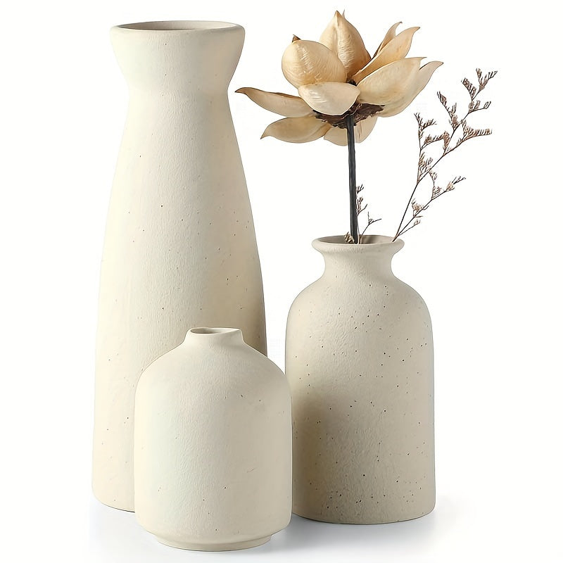 3-Piece Ceramic Matte Vase Set - Stylish & Rustic Chic Decor for Farmhouse Living - Modern Minimalist Centerpiece, Perfect for Pampas Grass, Dining Table, Bookshelf & Boho Home Aesthetics