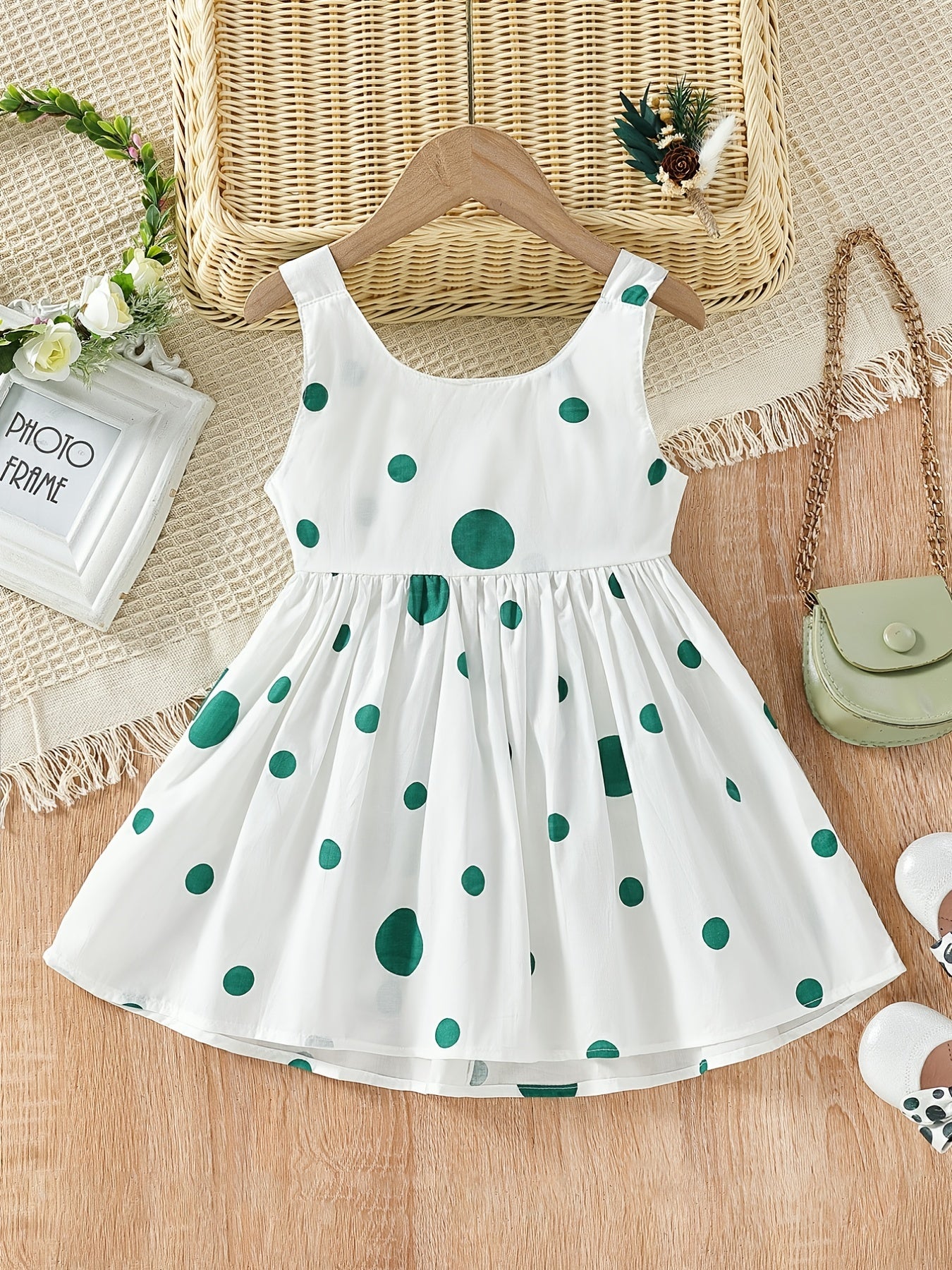 Girls' White Spaghetti Strap Dress with Red Polka Dots And Bow Decoration, a Cute Summer Outfit
