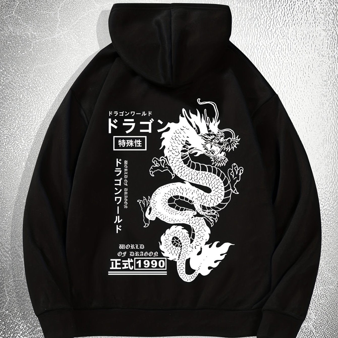 [Dragon Print Hoodie] White Polyester Dragon Print Hoodie - Casual & Trendy, Long Sleeves, Drawstring Hood - Streetwear Style