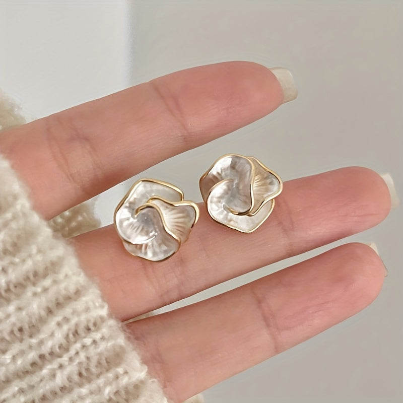925 Silver Ear Post Elegant Camellia Flower Stud Earrings, Vintage Style, Alloy, Women's Fashion Jewelry, All-Season Accessory for Daily & Vacation Wear
