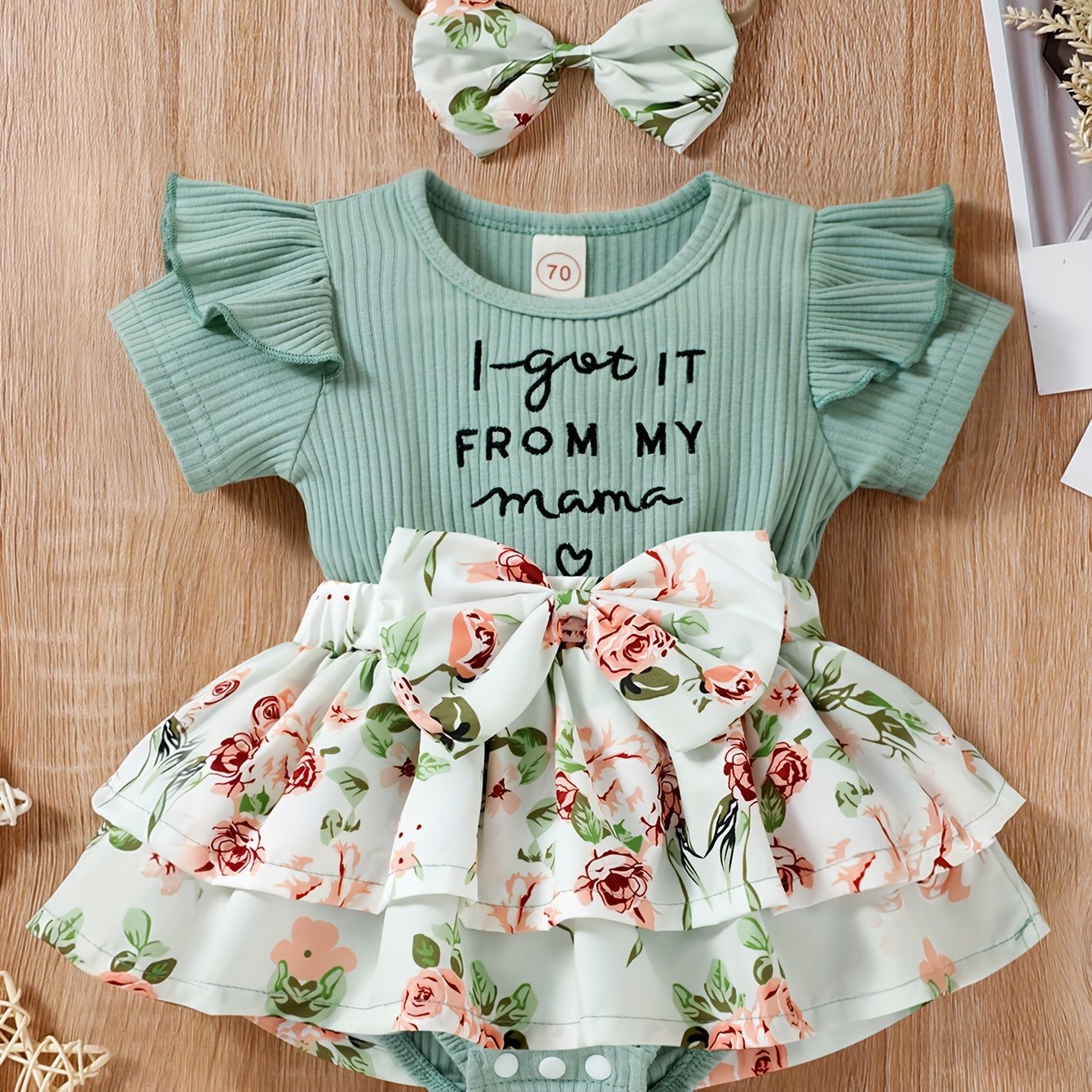Baby Girls Spring Summer New Floral Skirt Swing Short Sleeve Romper Puffer Coat + Bow Headband Set, Suitable For Outdoor Wear
