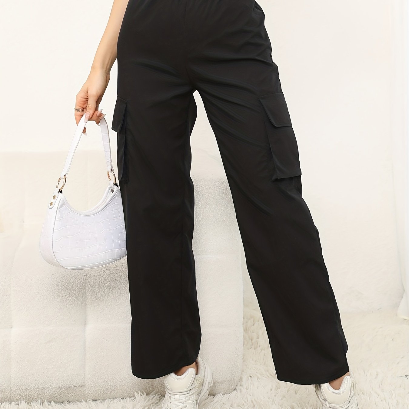 Solid Color Flap Pockets Straight Legs Trouser, High Waist Casual Wide Legs Cargo Pants, Women's Sweatpants