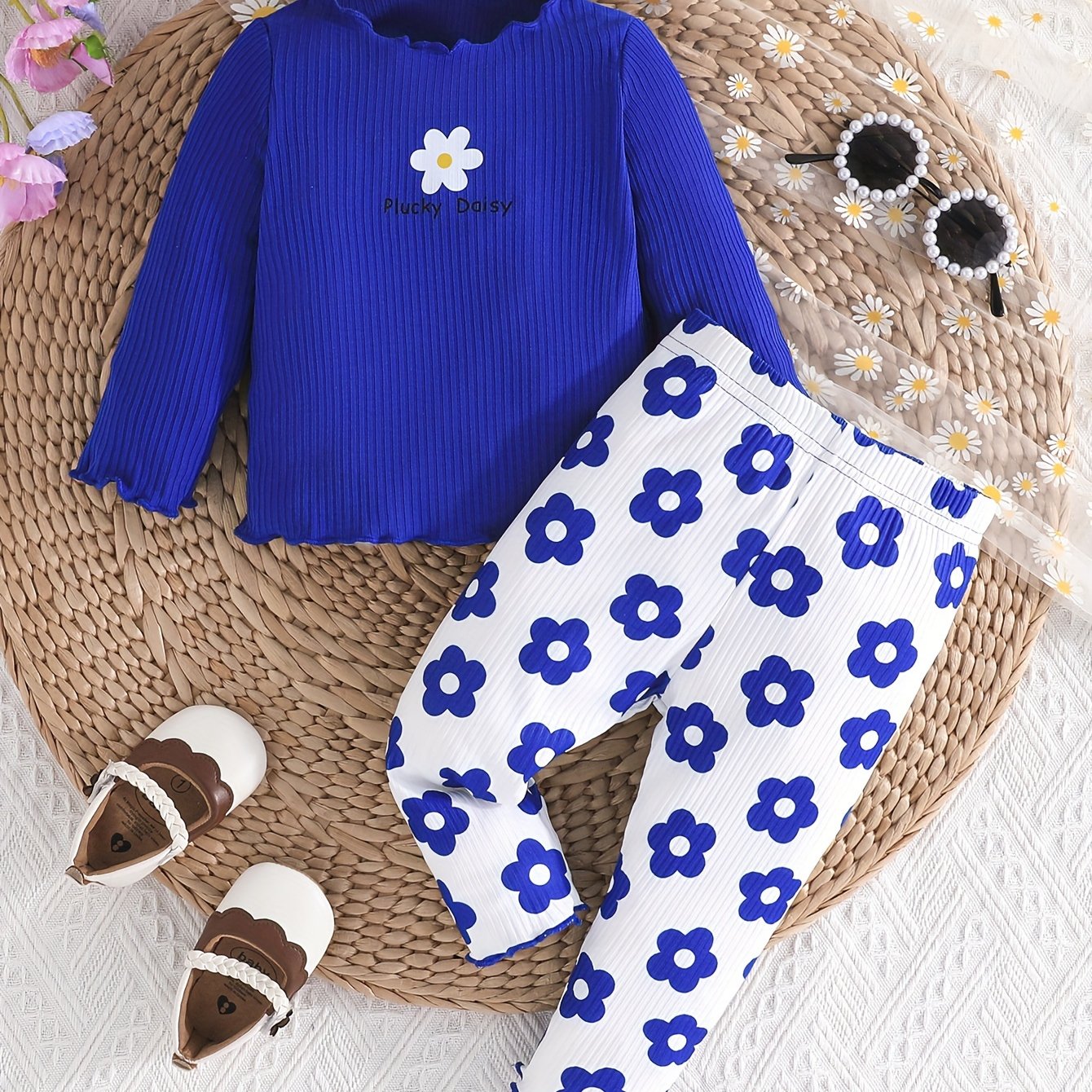2-piece Baby's Flower Print Ribbed Long Sleeve Top + Casual Pants, Toddler & Infant Girl's Clothing Set Outdoor