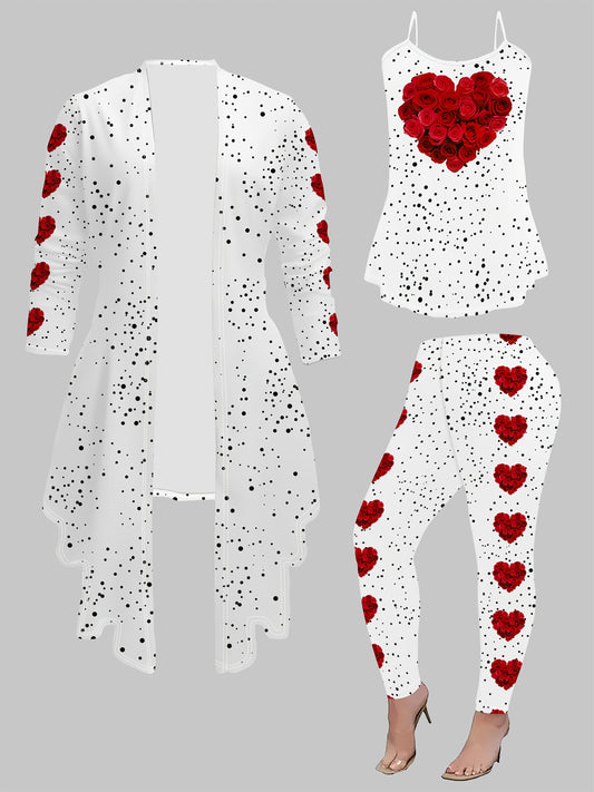 Elegant 3pcs Valentine's Day Outfit Set - Polyester Knit Fabric Crew Neck Top and Pants - All Over Heart & Rose Flower Print, 95% Polyester, 5% Spandex, Versatile All-Season Wear