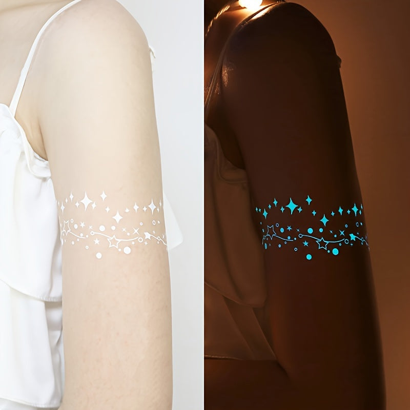 4 Sheets Glow-in-the-Dark Tattoo Stickers - Moon, Stars, Butterfly & Flower Designs for Women & Girls, Luminous Face & Body Art for Weddings, Nightclubs, Music Festivals & Parties, Gift for Eld, Gift for Ramadan