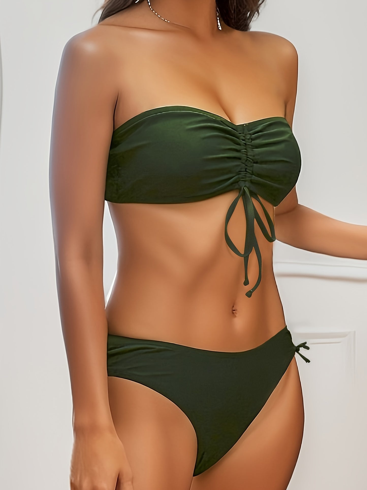 two pieces Women's Tie Front Bandeau Bikini Set with High Cut Drawstring Tie Side Bottoms - Stretchy and Comfortable Swimwear