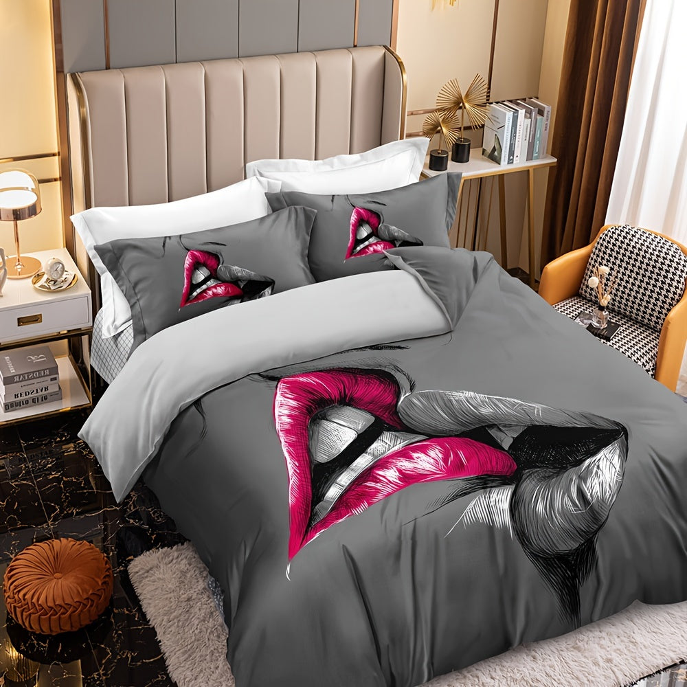 3pcs Couple Bedding Kiss Sketch Crimson Lips Kissing Guest Room Duvet Cover Set (1pc* Duvet Cover + 2pcs Pillowcase, No Pillow Core)