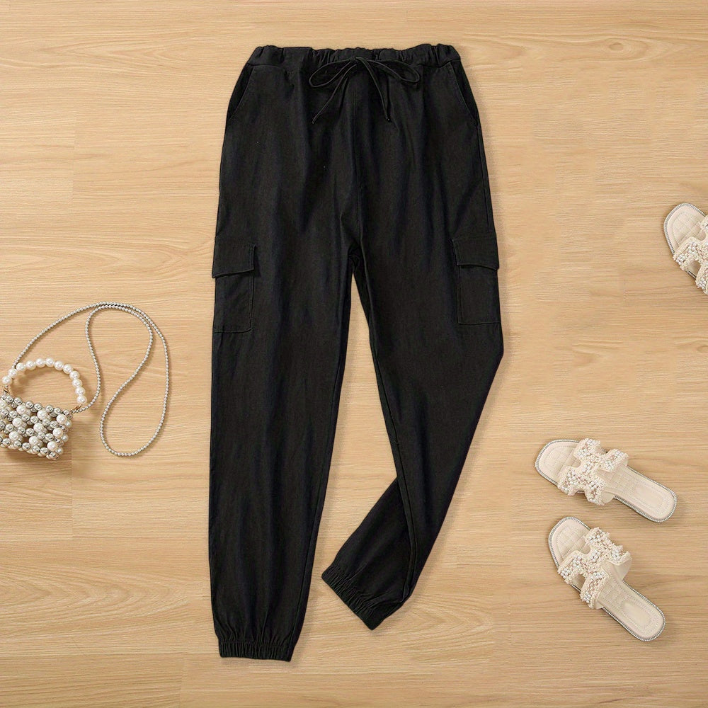 Y2K Chic Drawstring Cargo Pants - Stretchy Elastic Waist, Long Length, Multiple Pockets, Casual Comfortable Women's Clothing for Everyday Wear