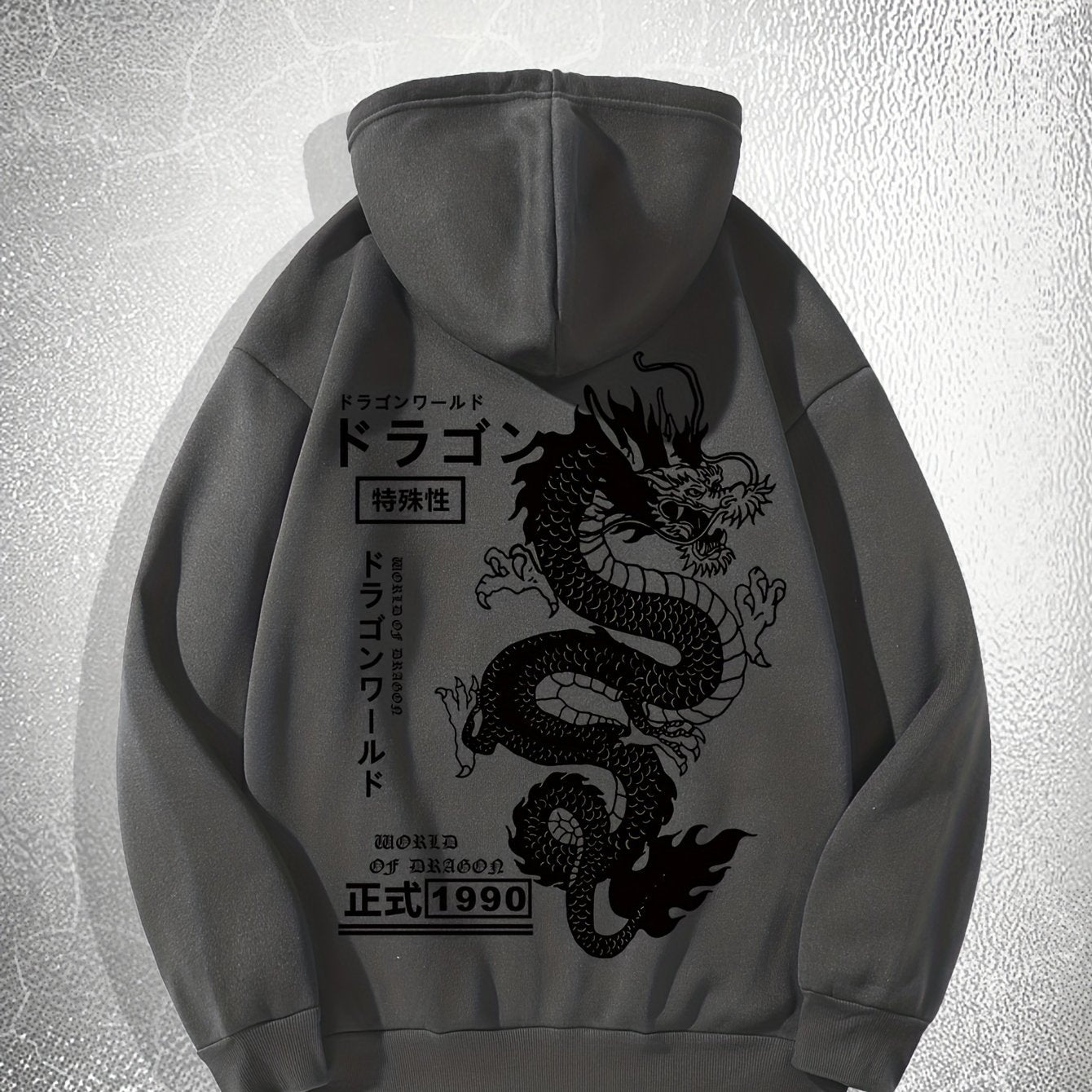 [Dragon Print Hoodie] White Polyester Dragon Print Hoodie - Casual & Trendy, Long Sleeves, Drawstring Hood - Streetwear Style