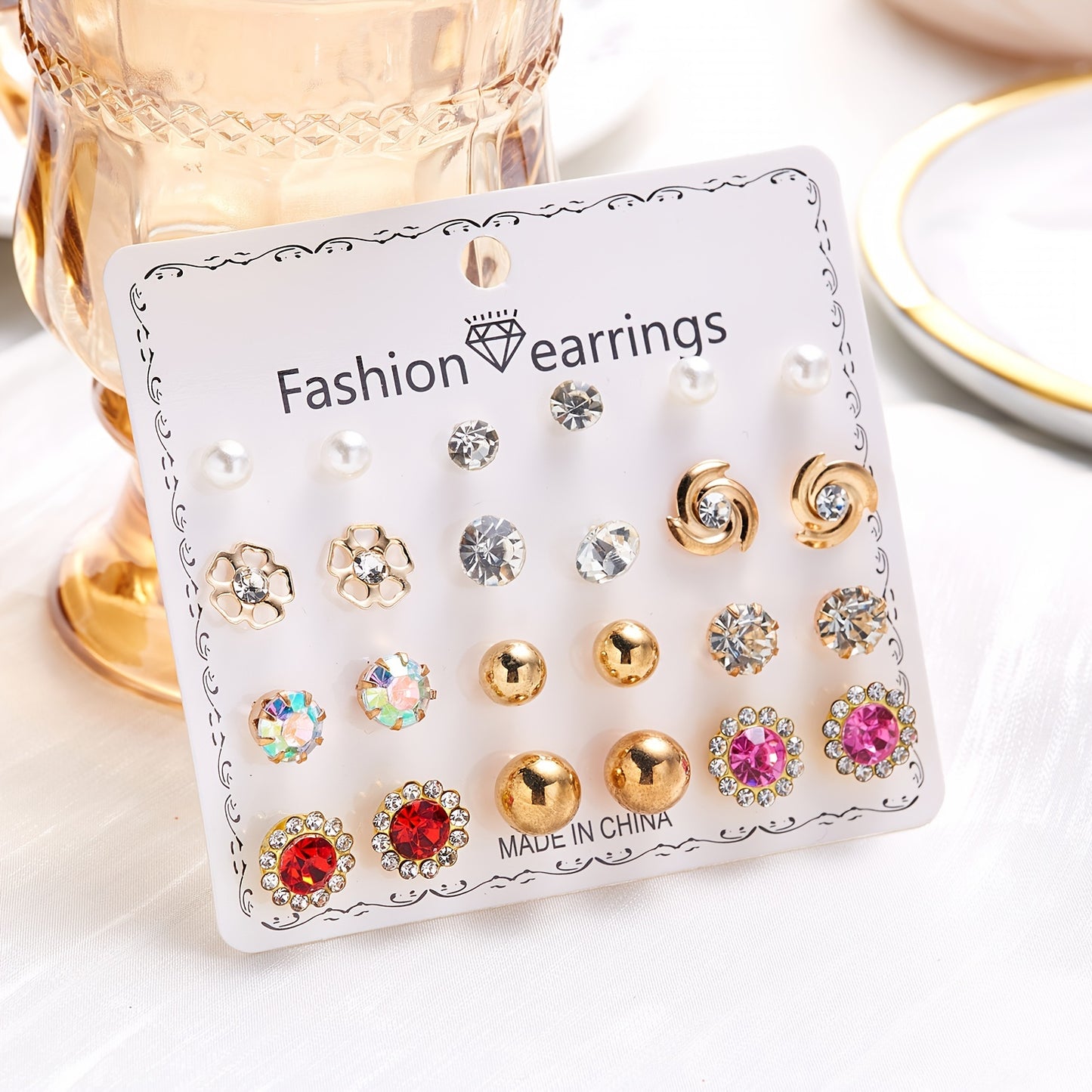 12Pairs/Set Flower Faux Pearl Heart Strawberry Stud Earrings Set, Simple Golden Earrings For Girls, Daily Week Earrings Set, Ideal choice for Gifts
