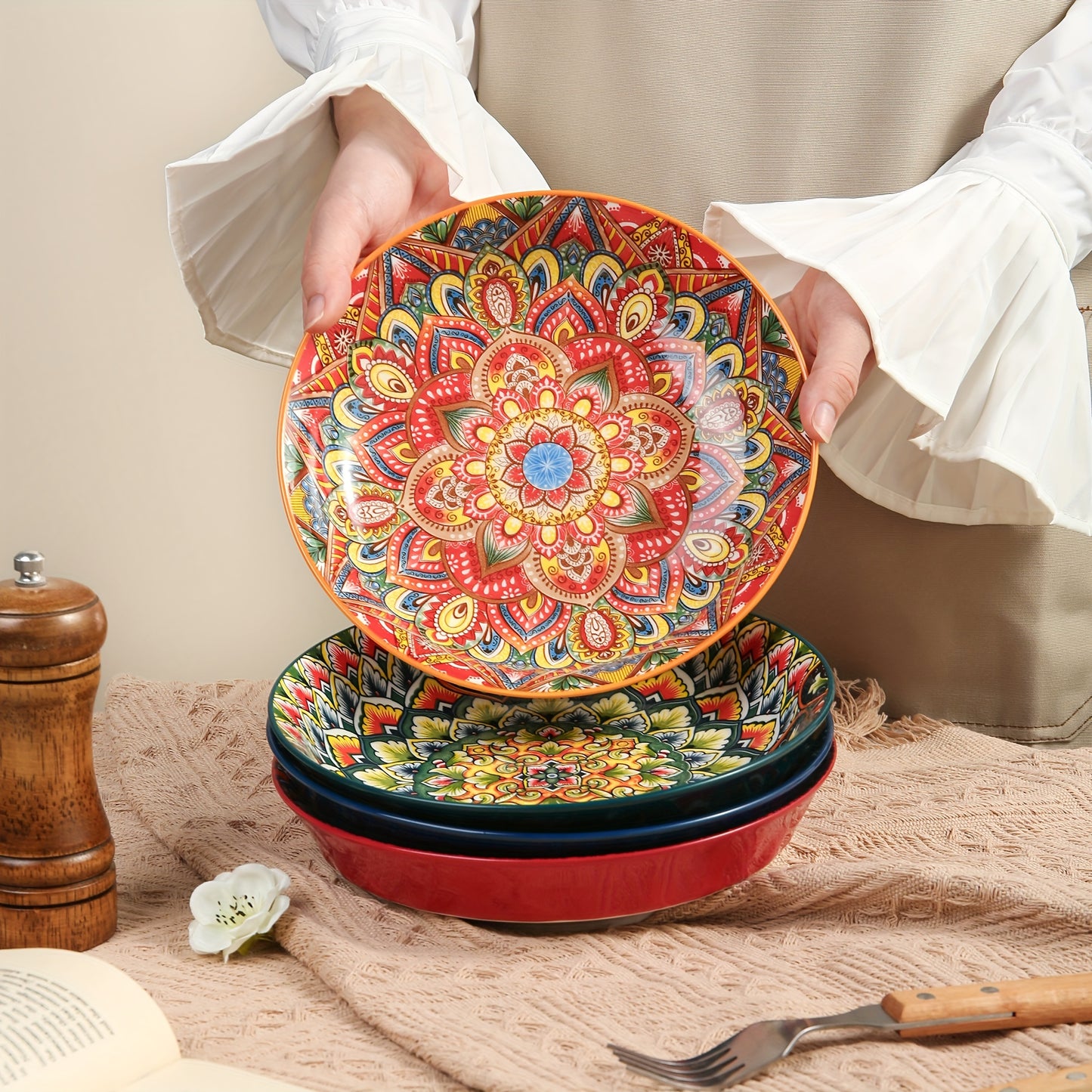 Bohemian Style Flower Themed Ceramic Dinner Plates Set of 2.54 - 20.32 cm Round Decorative All-Season Dishware for Steak, Pasta, Breakfast - Microwave Safe Ceramic Tableware for Restaurant and Home Use