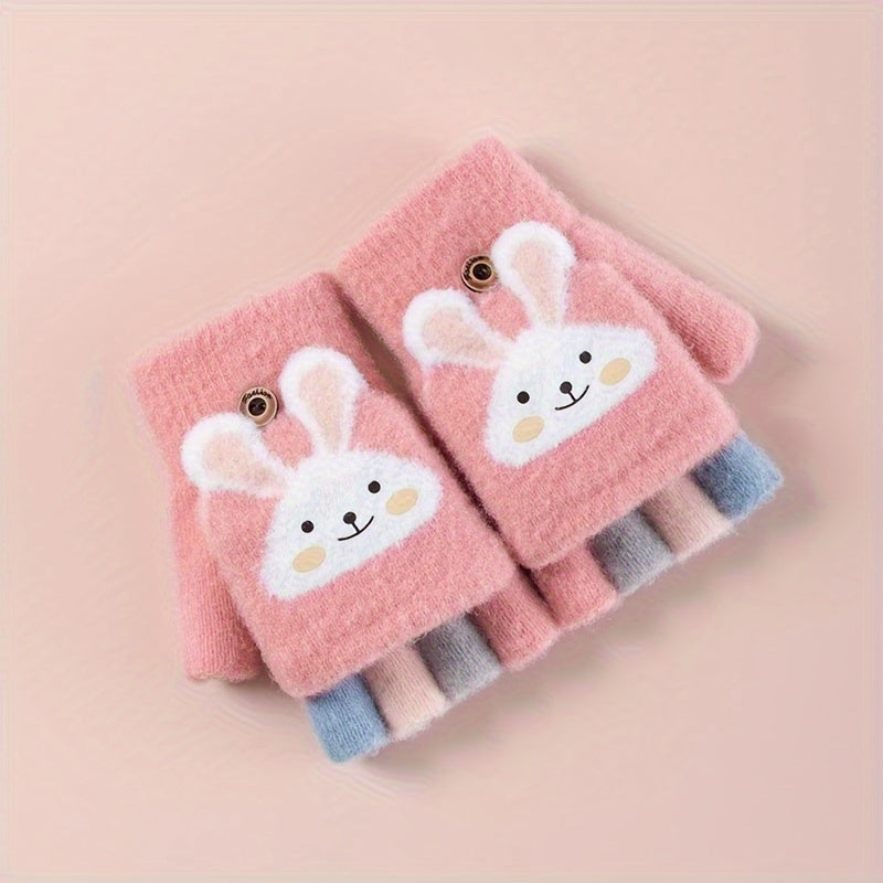 1 Pair Of Children's Gloves, Winter Five Finger Baby Thickened Half Finger Girl Knitted Cartoon Warm Flip Gloves