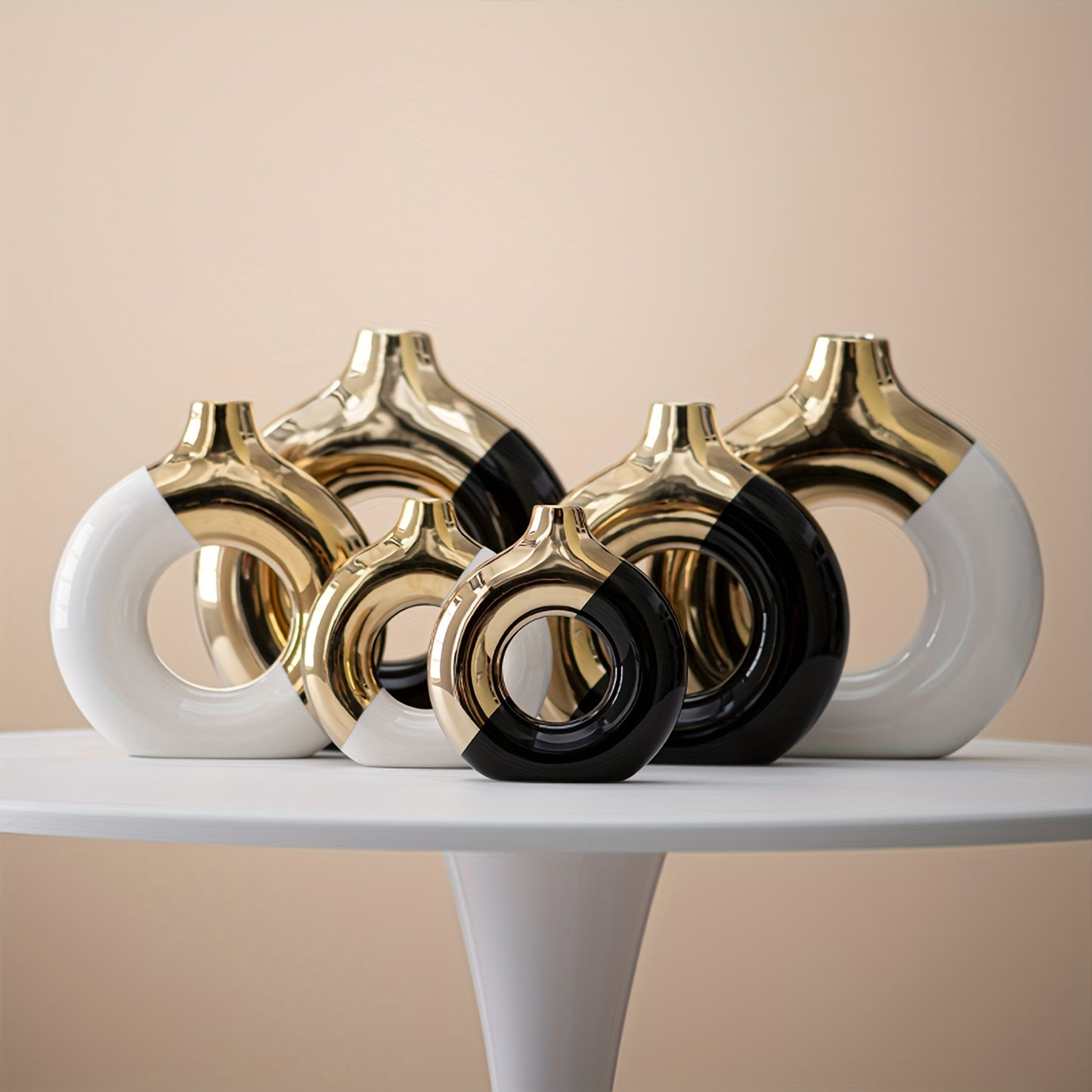 Chic Modern Ceramic Vase in Black, Golden & White - Geometric Design for Home Decor | Ideal for Dried Flowers, Fresh Blooms & Greenery | Perfect for Office, Living Room, Entryway, or Study Desk