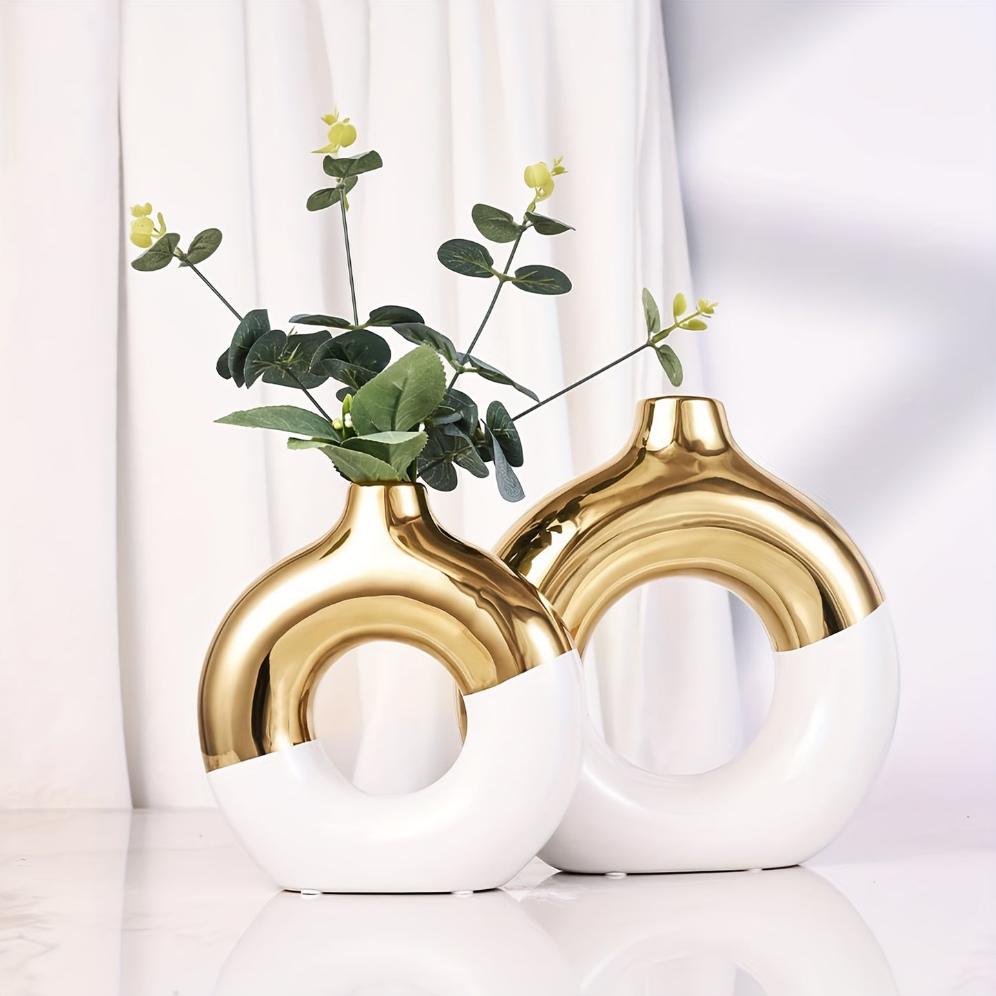 2pcs Boho Style Ceramic Vase Set - White & Golden, Round Bud Vases with Golden Accents, Perfect for Centerpieces & Home Decor, Living Room & Kitchen Accent, Home Decor Vase|Elegant Ceramic Vase|Decorative Vase